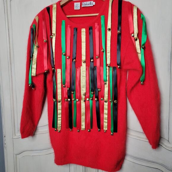 VTG Rafaella Angora Rabbit Wool Holiday Christmas Ribbon Jingle Bell Sweater✨️M - Picture 14 of 14